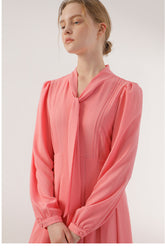 Soft Crepe Midi Dress with Tie Neckline and Pleated Skirt